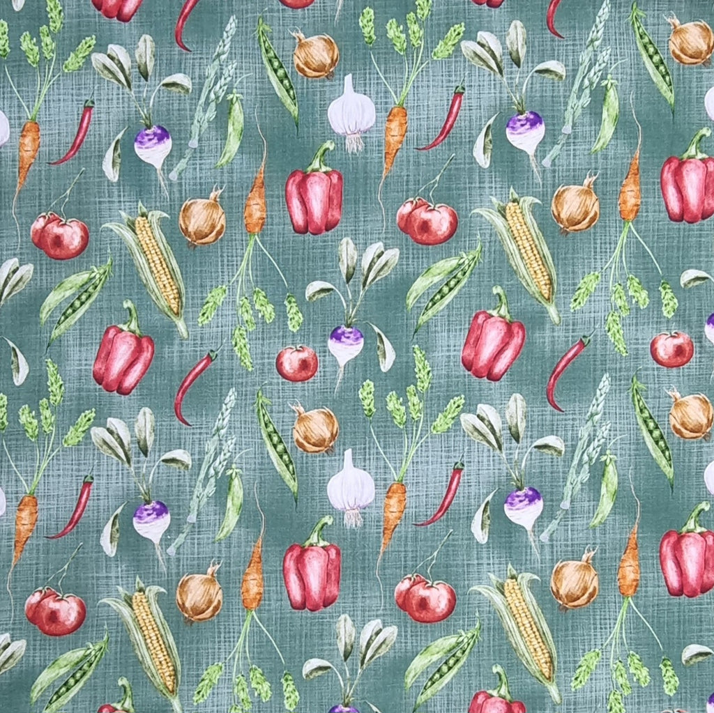 Teal textured background with vegetables fabric 