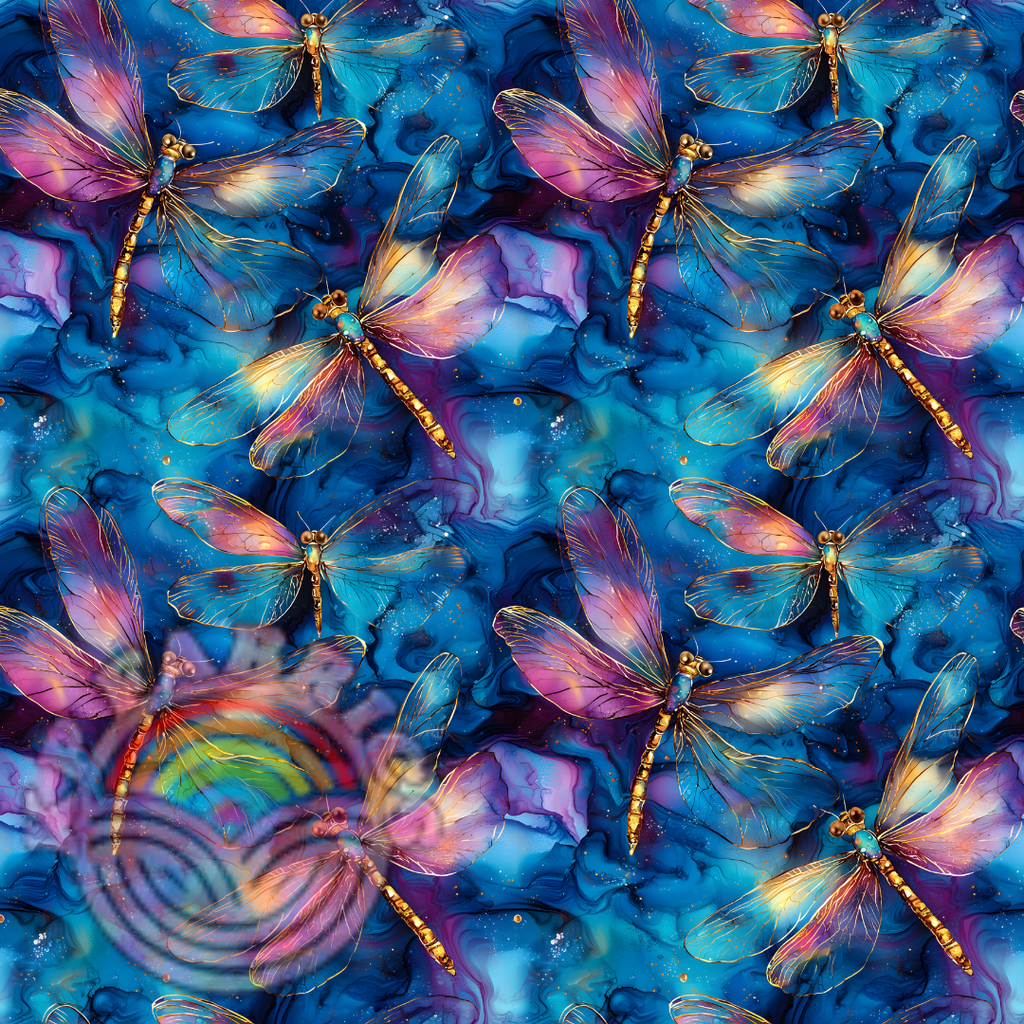 Rainbow Dragonflies on Blue Alcohol Ink