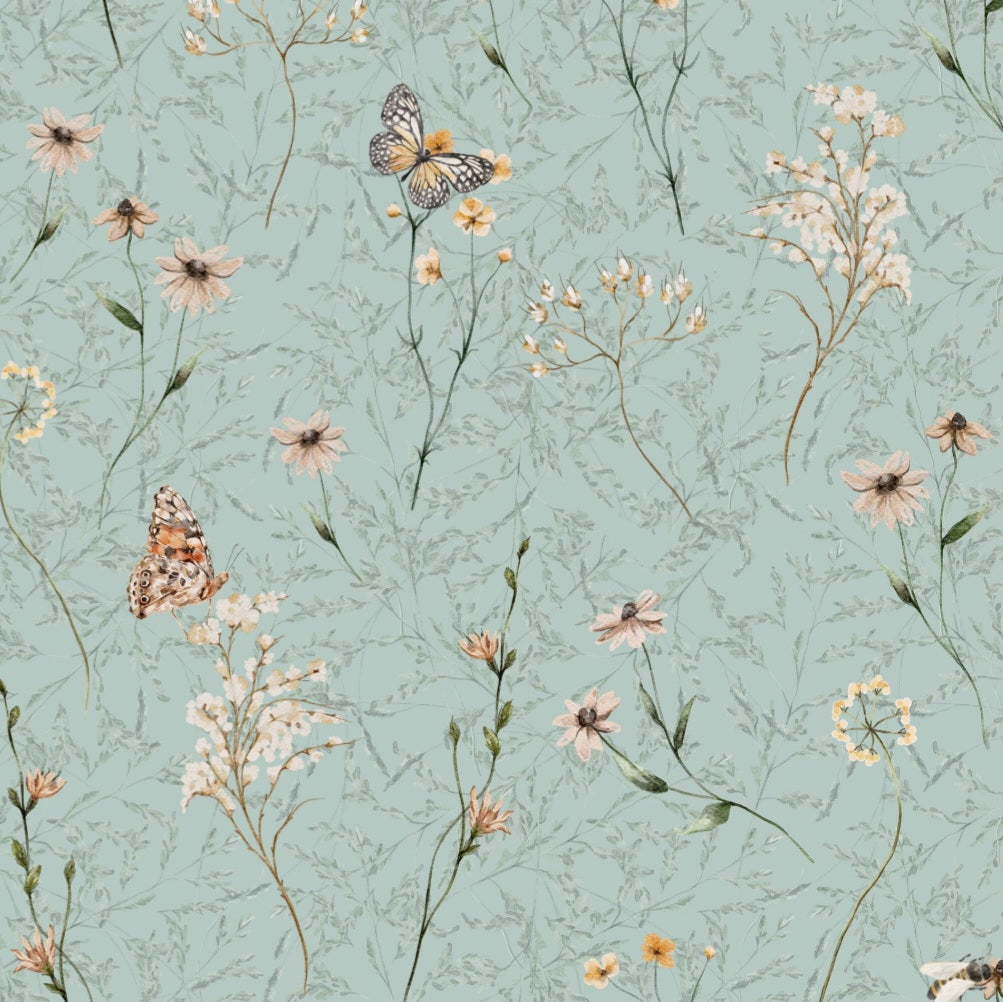 Green background fabric with butterflies and meadow flowers